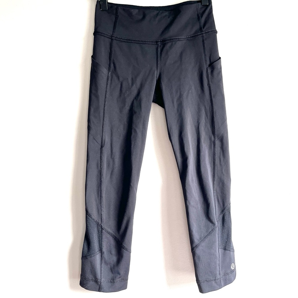 Lululemon pace rival crop black leggings women 2 run side pockets zip mesh panel